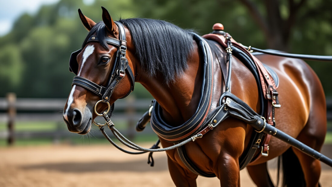 découvrez notre harnais de marathon spécialement conçu pour les chevaux de trait, alliant robustesse et performance pour des compétitions réussies.