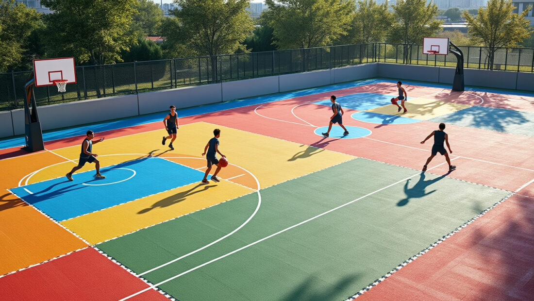 découvrez le terrain de basket 3x3 en dalles marty sports : une surface performante et modulable, idéale pour créer un espace de jeu adapté à vos besoins.