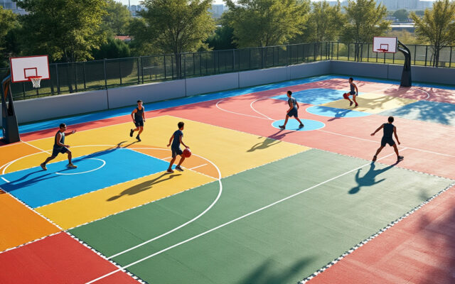 découvrez le terrain de basket 3x3 en dalles marty sports : une surface performante et modulable, idéale pour créer un espace de jeu adapté à vos besoins.